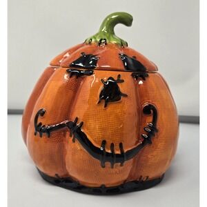 Halloween Pumpkin Stitched Canister Cookie Treat Candy Jar by Blue Sky Clayworks